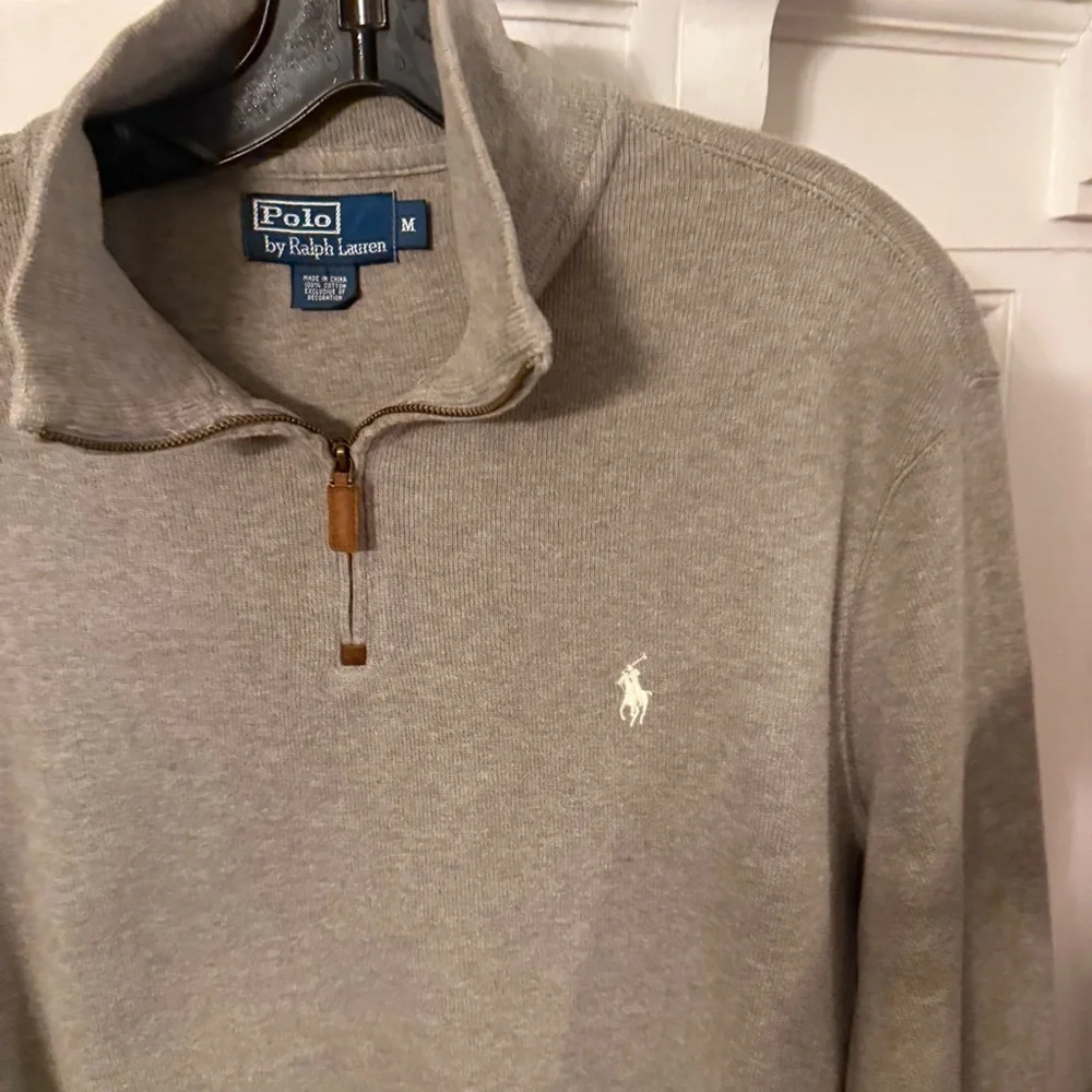Polo Ralph Lauren Sweater Men's Sz M Taupe 1/4 Zip Mock Neck Cotton Pullover EUC